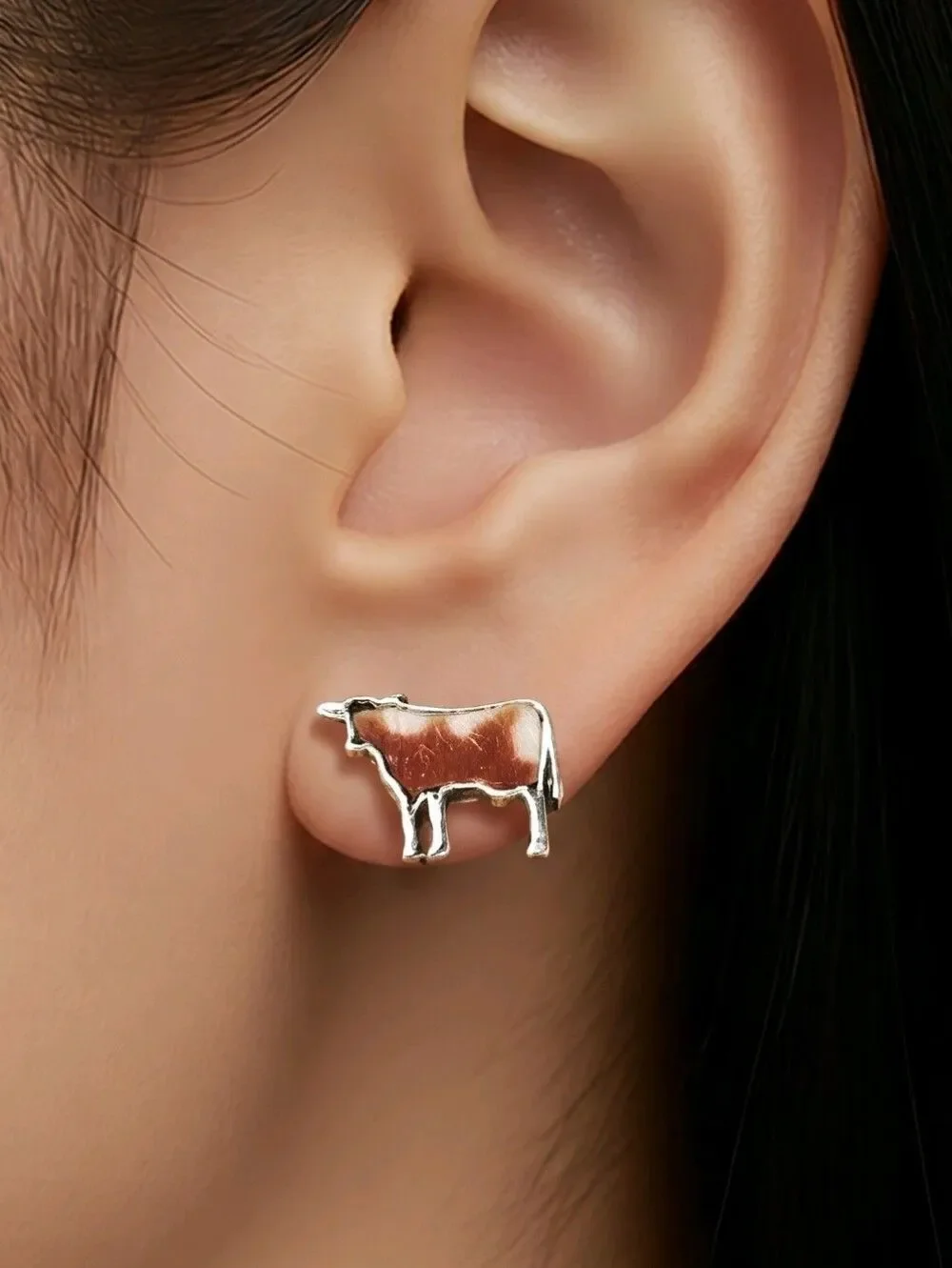 Cow Stud Earrings Brown Cowhide Western Ranch Jewelry Farmhouse Rustic Ranch